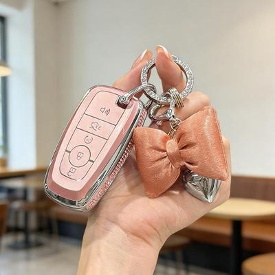[ Side Diamonds ] 4 Buttons TPU Car Key Case Cover Shell Fob for Ford Fusion Edge Escape Explorer Taurus Expedition Ranger F-150