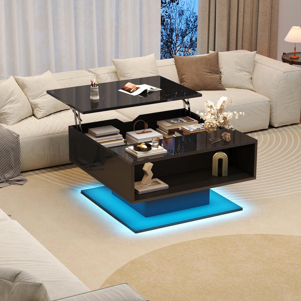 Mesa de Centro 80*75*40cm com Elevação Hidráulica, Mesa de Sofá de Alto Brilho, Mesa de Sala de Estar com Armazenamento, Mesa Lateral Ergonômica para Sala de Estar, Preta