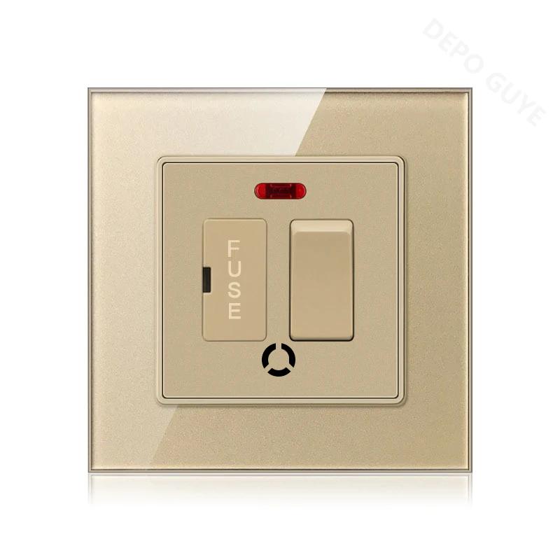 86 Type UK 13A Switch With Fuse Electrical Switch Light Spurs Neon Black White Grey Tempered glass Fuse 13A Wall Switch Panel