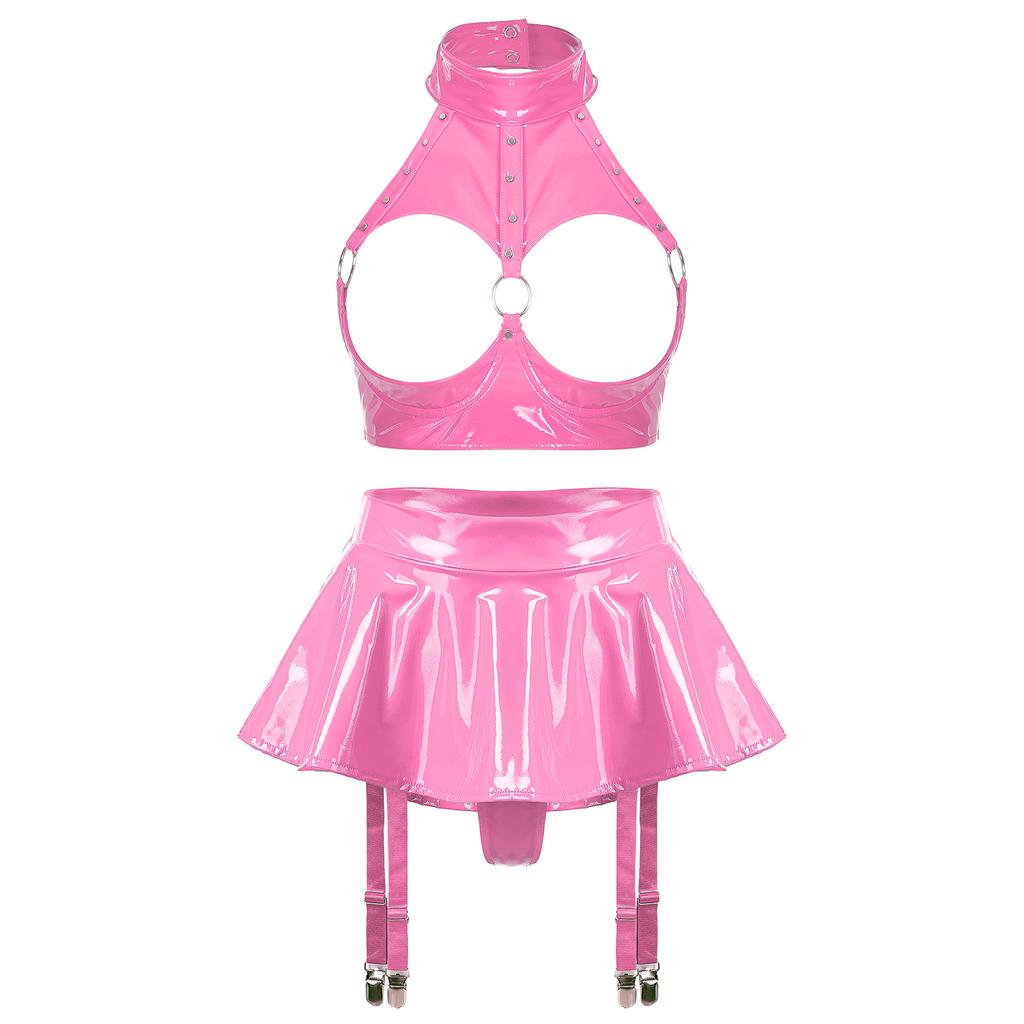 Women Shiny Leather Lingerie Set Cupless Bra Top with Ruffle Built-in Thongs Garter Mini Skirt for Party Clubwear Sexy Outfits