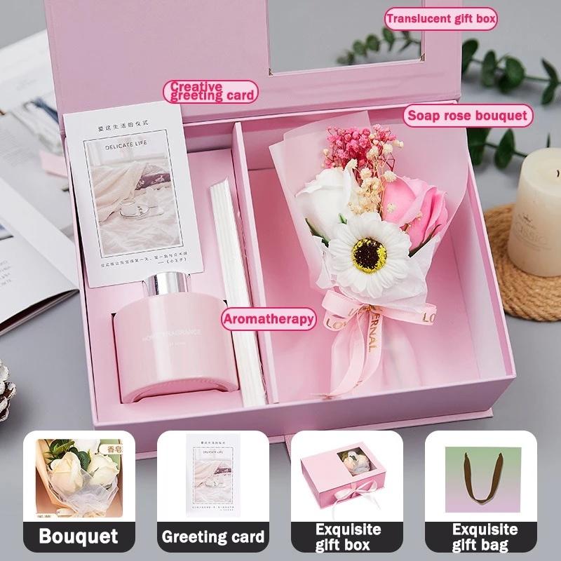 Bouquet Of Roses Soap Flower Gift Box Valentine'S Day Gift Fireless Aromatherapy Set For Girlfriend