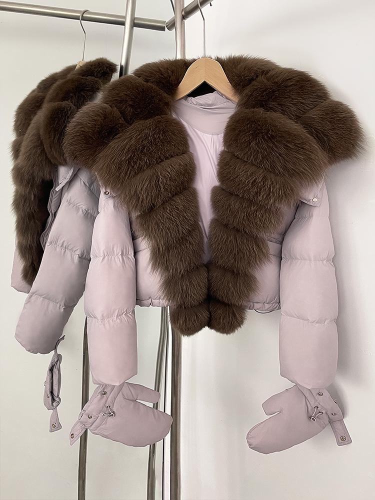 OFTBUY New Winter Top Clothes Women Short Hooded Big Real Fox Fur Down Coat Female Natural Fur Fluffy Puffer Jacket with Gloves