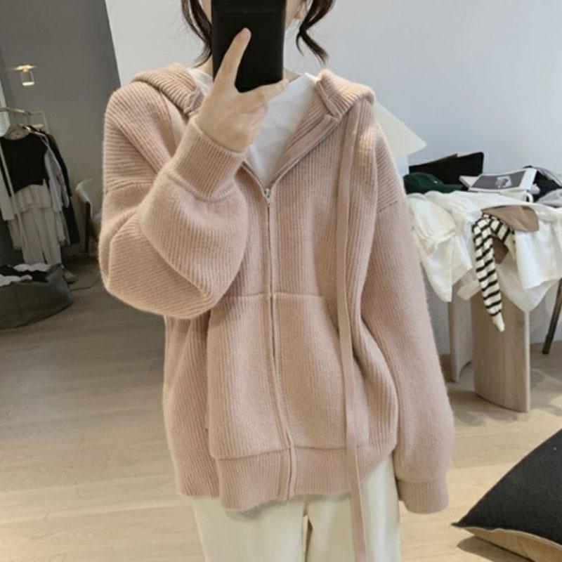 Blue Loose Hooded Zipper Sweater for Women Autumn and Winter Gentle Soft and Lazy Style Knitted Cardigan Top Jacket One Size розовый 4100₽