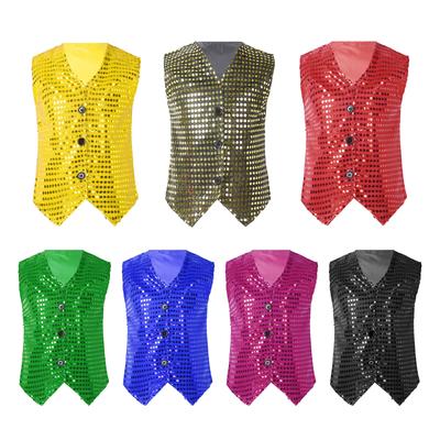 Boys Girls Stage Performance Vest Sleeveless V Neck Button Closure Sequins Solid Color Costume