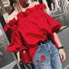 Dames Koreaanse Ruches Off Shoulder T-shirt Top Pofmouwen Rode Chiffon Blouse Vrouwen Oversized Casual Shirt Dame Chic Nieuw
