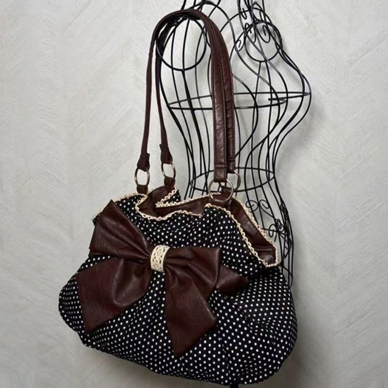 Retro Polka Dot Y2k Umhängetasche Koreanischer Stil Marken Design Süß Einfach Pendlertasche Neu Mit Schleife Farbblock Spitze Leinwandtasche