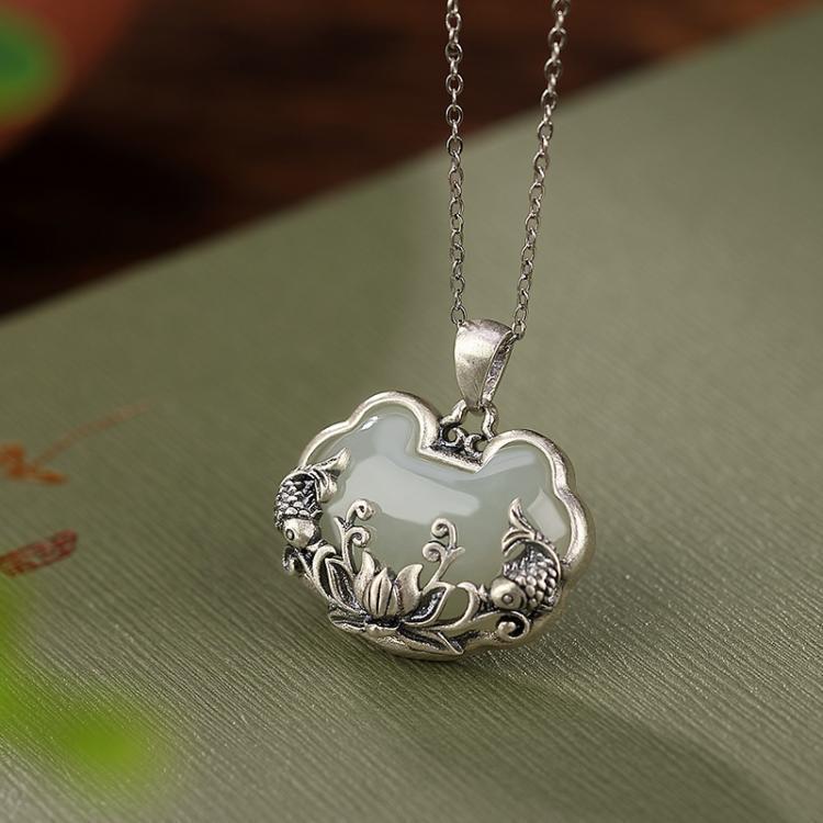 S925 Sterling Silver Hetian Jade Carp Lotus Pendant Necklace with Matte Ruyi Floral Charm