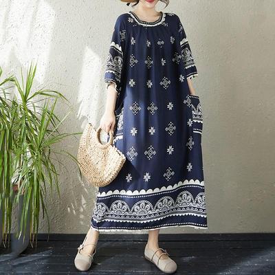 Short Sleeve Plus Size Cotton Vintage Floral New In Dresses for Women Casual Loose Long Summer Dress