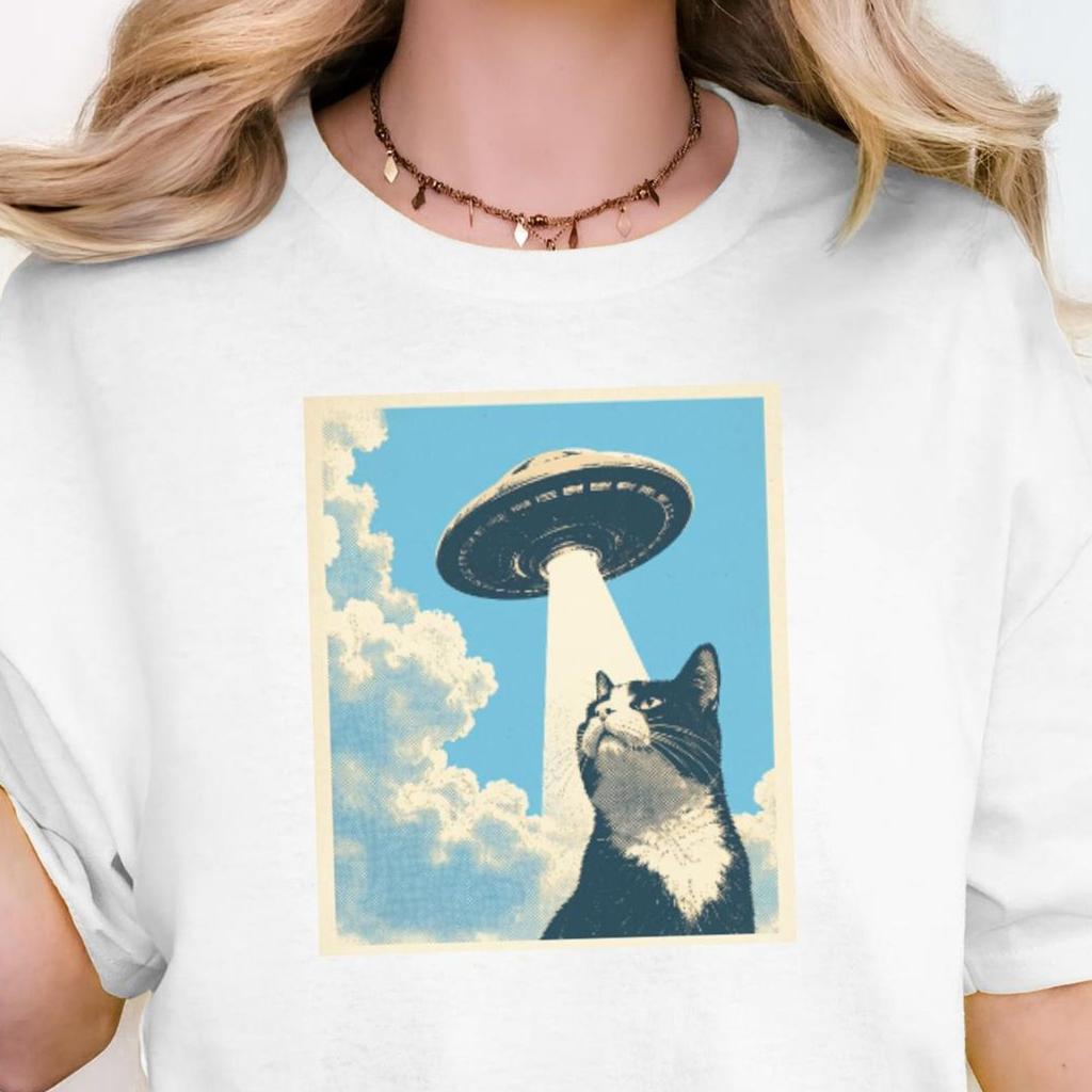 Cat UFO Shirt Vintage Meme Tee, Funny Alien Cat Shirt, Cat Lovers Gift for Her, Washed Graphic Tee