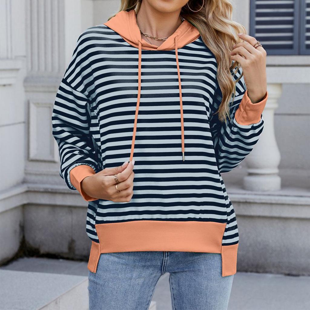 Damen Modischer Lässiger Gestreifter Kapuzenpullover mit Tasche Locker Langärmlig