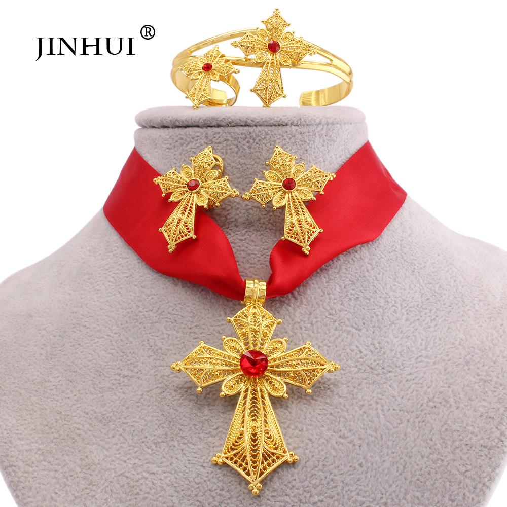 Ensemble de bijoux éthiopiens plaqués or, croix, pendentif, collier, boucles d'oreilles, bague, cadeaux de dubaï pour femmes, ensemble de mariée de mariage érythréen