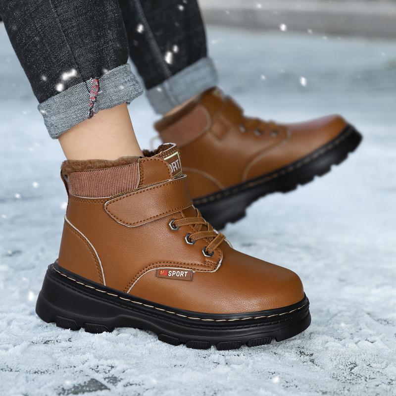 Genuine Leather Winter Boots For Boys Thick Warm Snow Shoes For Children Soft-soled Anti-slippery Teenager
