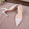 Fashion French White Lace Stiletto Heels Pointy Rhinestone Sequins Sexy One-Line Buckle With Bun Toe Sandals For Women