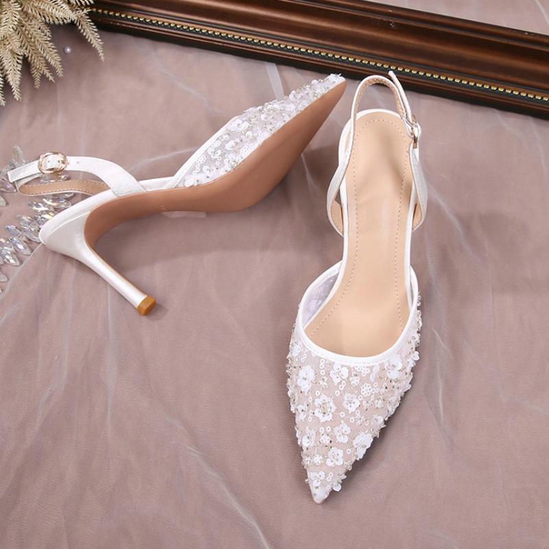 Fashion French White Lace Stiletto Heels Pointy Rhinestone Sequins Sexy One-Line Buckle With Bun Toe Sandals For Women