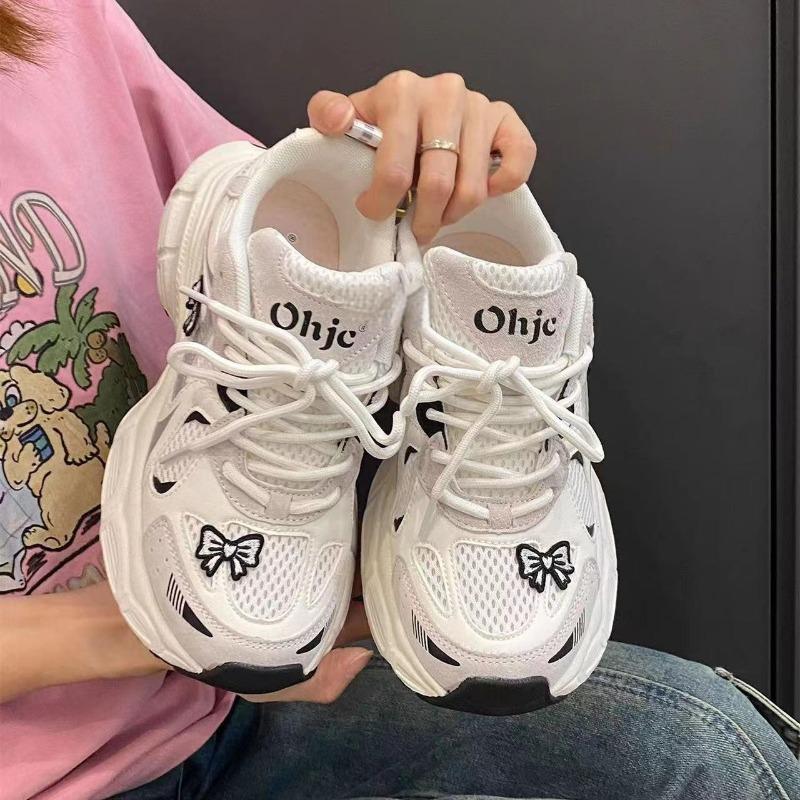 Girls Bow Embroidered Breathable Mesh Thick Sole Retro Casual Dad Sneakers 28 белый