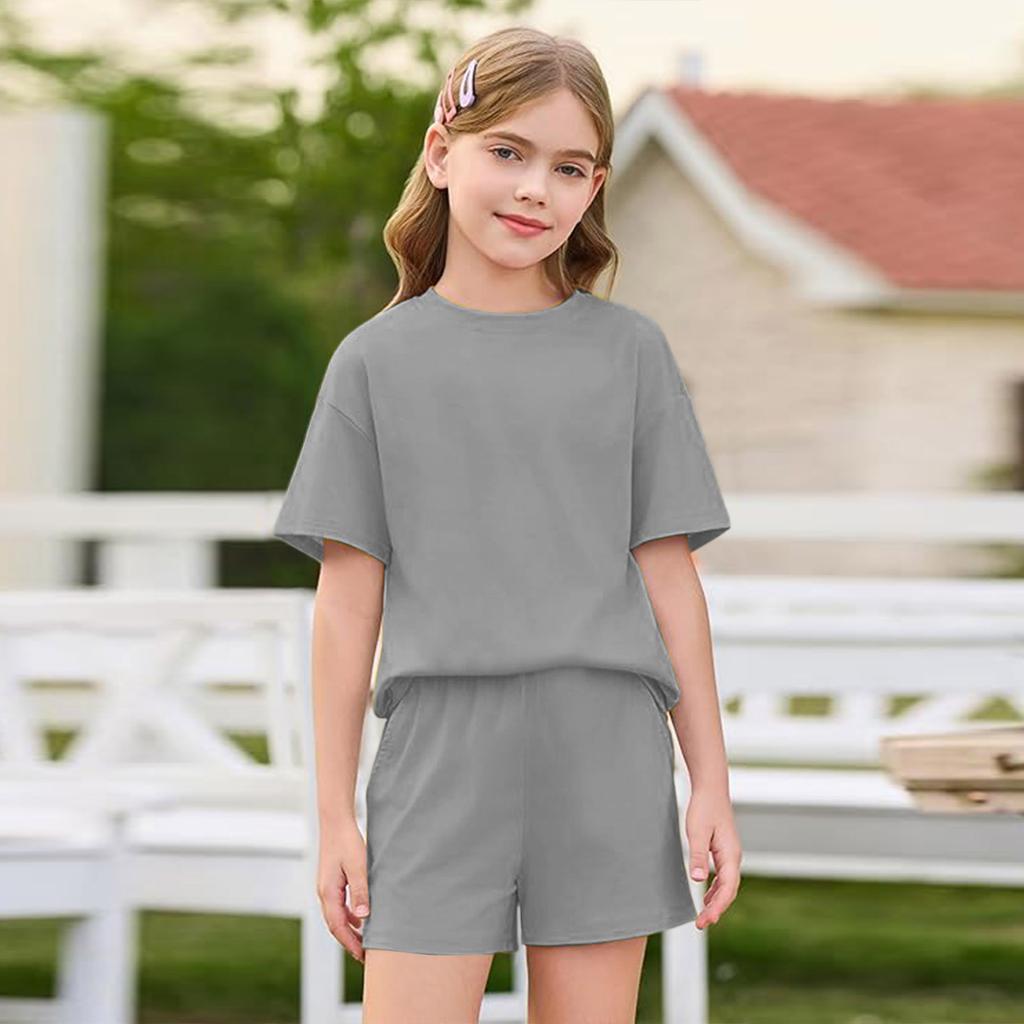 Girls Short Sleeve T Shirt and Shorts Set Soft Fabric Round Neck Relaxed Fit Casual Outfit for Kids and Teens