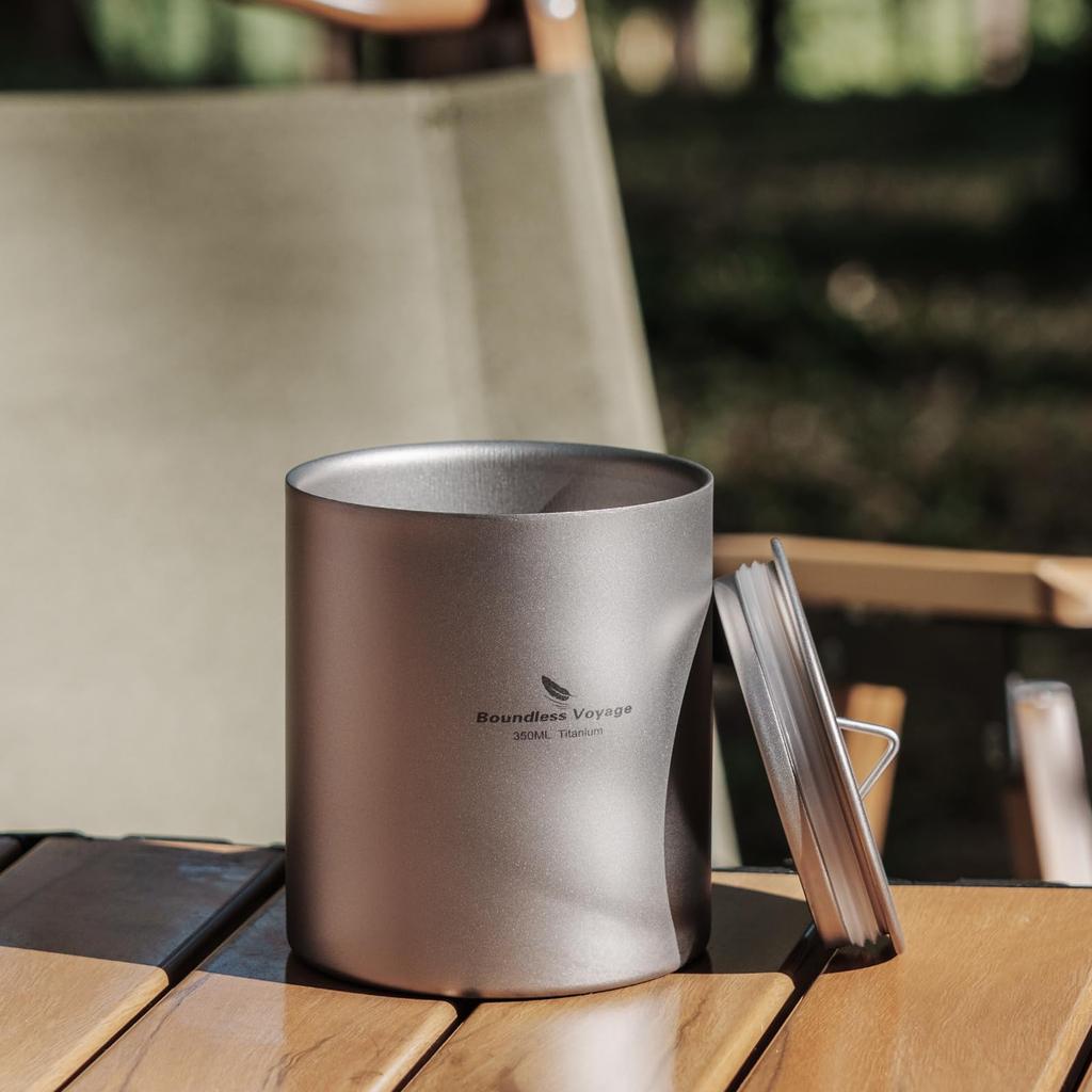 Boundless Voyage Titanium Mug with Double Outdoor Outdoor Camping Mesh Bag Convenient to Carry Lid, 350ml, Wall, Mug, Insulated, Ultra-lightweight,