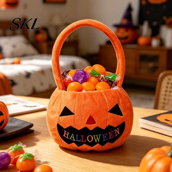 Halloween Party Favor Bag Pumpkin Treat Bag, Portable Candy Tote for Kids, Large Capacity Sturdy Storage Trick or Handbag with Soft Handle,