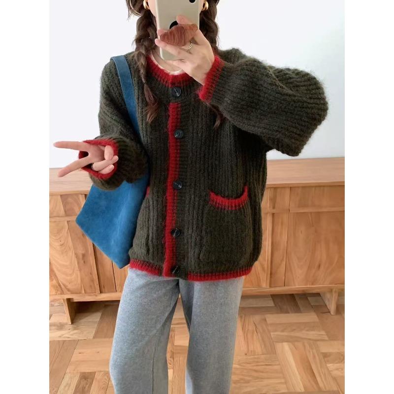Autumn and winter new retro lazy wind knitted cardigan women's contrasting colors versatile loose soft waxy sweater jacket