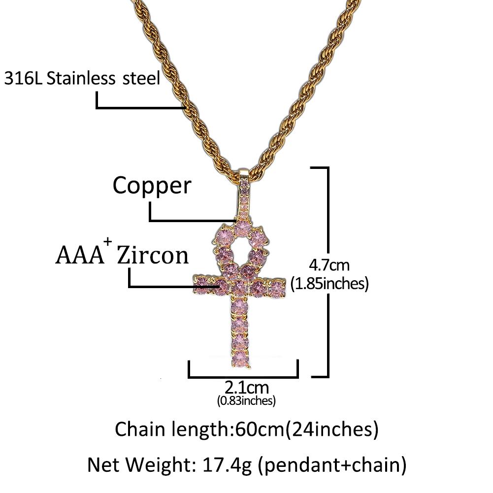 THE BLING KING Ankh Cross Pendant Pink Iced Cubic Zirconia Stones Gold Silver Color Necklace Colored Fashion Hiphop Jewelry