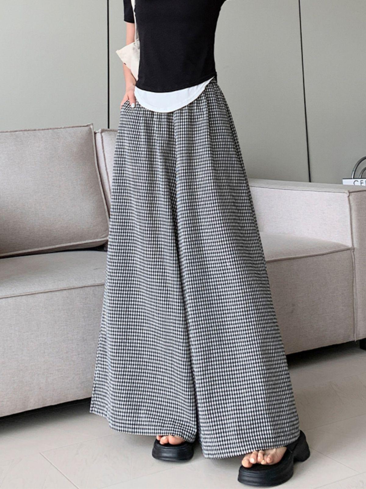 

Женские клетчатые брюки с высокой посадкой и широкими штанинами - Летний повседневный стиль, свободные и стройнящие, в стиле юбки L