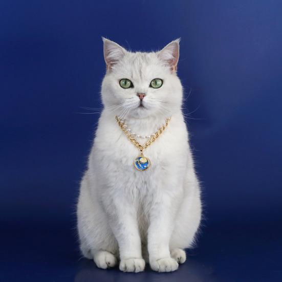 Faux Pearl Pet Necklace for Cats Dogs Adjustable Double-Layer Cat Collar with Ocean Theme Pendant for Wedding Birthday Accessory