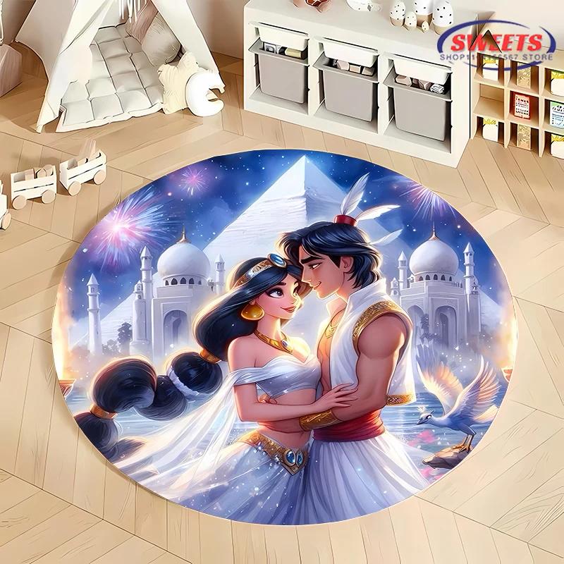 3D HD Princess Aladdin Cartoon Round Carpet, Living Room Bedroom Children's Room Comfort Rug, Non-Slip Durable Mat, Nice Gift