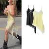Summer New Arrival Women Clothes Sexy Style V-neck Sleeveless Silk Satin Texture Lace Asymmetric Dress 5919200