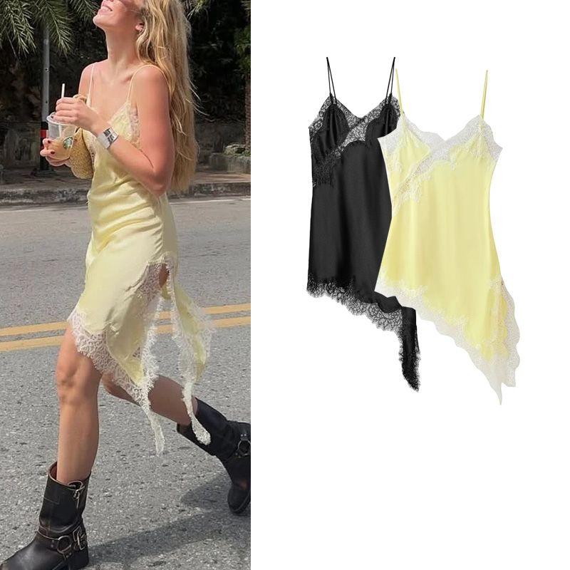 Summer New Arrival Women Clothes Sexy Style V-neck Sleeveless Silk Satin Texture Lace Asymmetric Dress 5919200