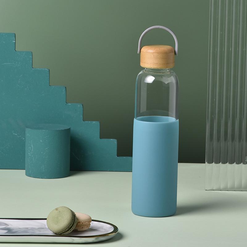 Single-Layer Glass Bottle Large-Capacity Bamboo Cover Retro Glass Thermal Insulation Portable Handle Outdoor Water Cup