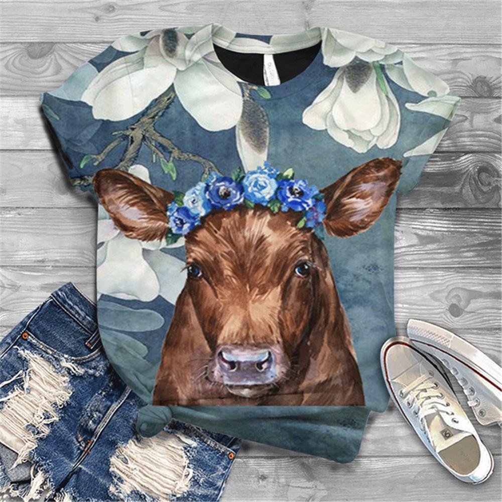 Women's T-shirt Short Sleeve Summer Everyday Animation Horse Digital 3D Print Sexy Diagonal Collar Top Loose Female Pullover