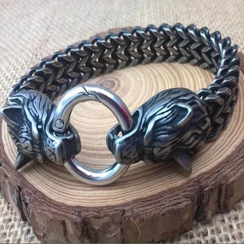 Viking High Quality Stainless Steel Fenrir Wolf Odins Wolf Men's Double Foxtail Mesh Bracelet Nordic Men's Amulet Jewelry