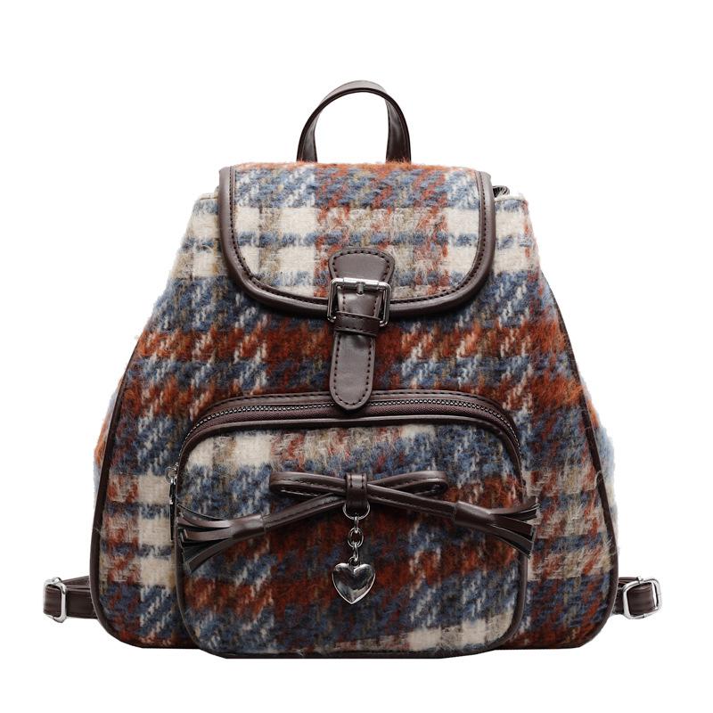 2025 niche women's bags contrasting color woolen backpack Korean version ins trendy fashion casual tote bag handbag bag