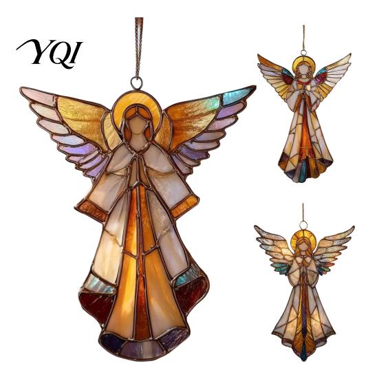 Tree Hanging Charms for Teachers Stained Glass Style Angel Ornament, 2D Acrylic Christmas Holiday Reunion Party Favors Decoration with Gold