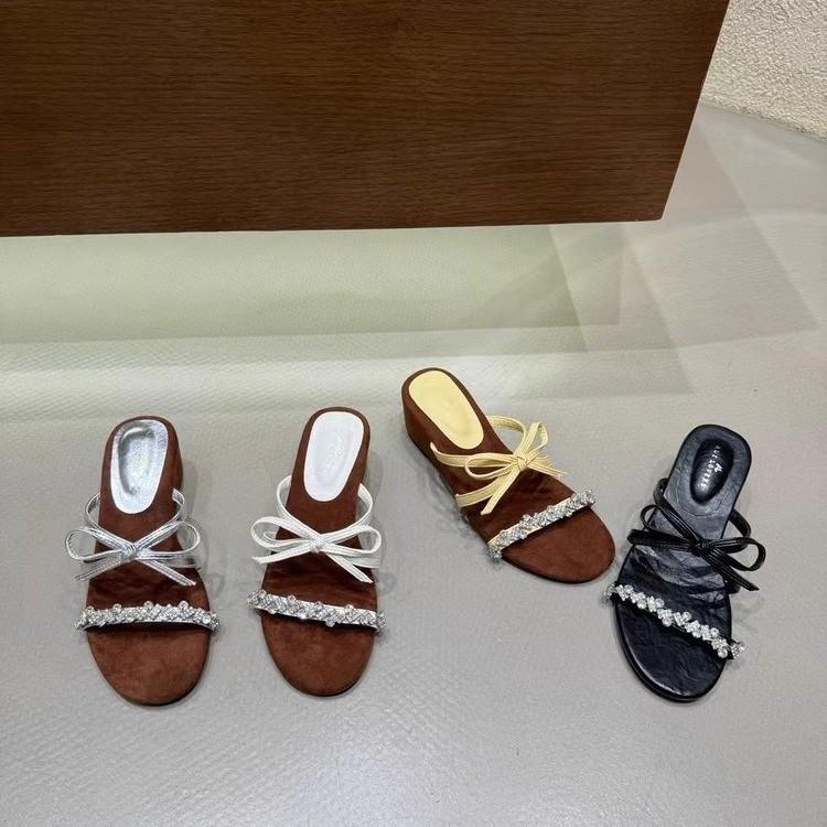 Elegant Butterfly Knot Slope Heel Women's Summer Outdoor Wear 2025 New French Style Square Head Open Toe High Heels Slides