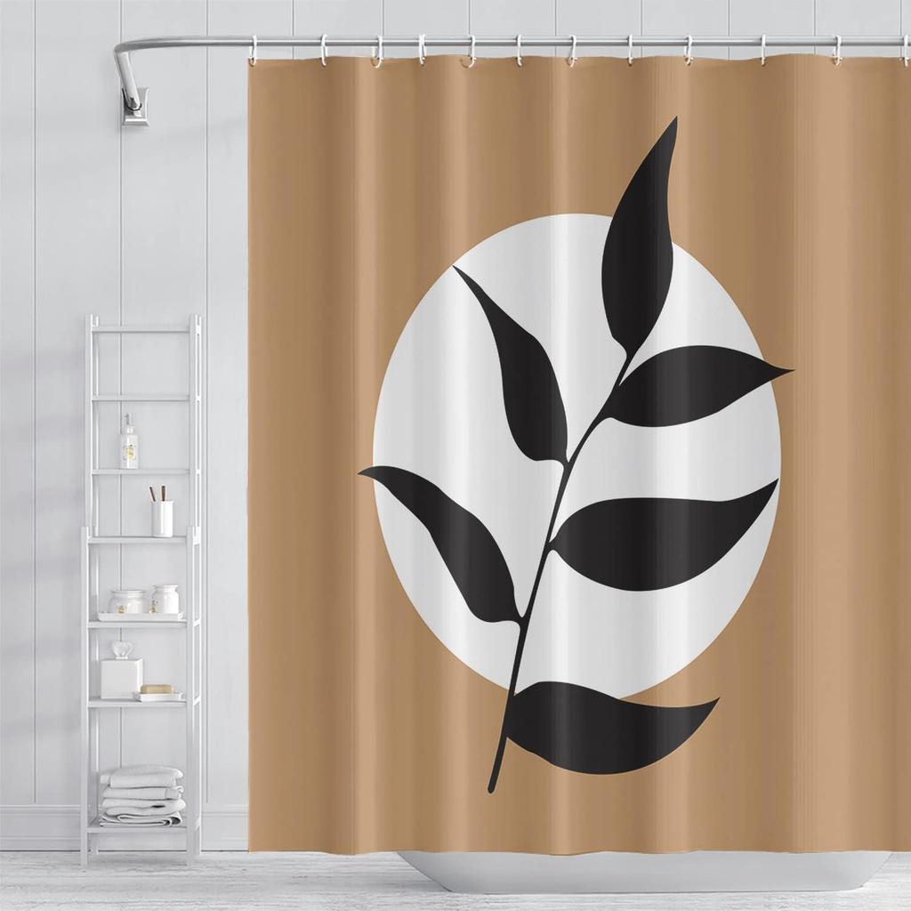 Boho Floral Bathroom Shower Curtain - Tropical Green Leaves, Pink Flowers - Waterproof Polyester Fabric - Mid Century Modern
