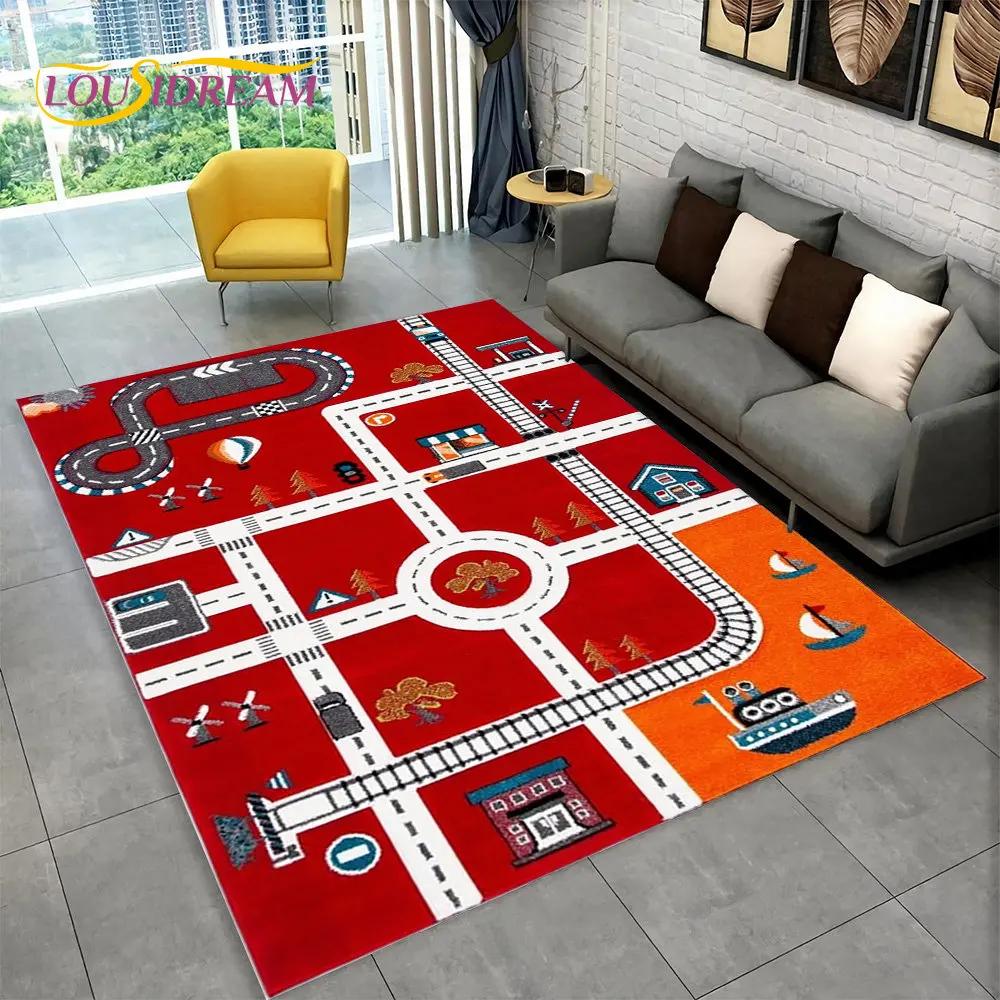 Highway City Traffic Cartoon Area Rug,Carpet Rug for Living Room Playroom Children's Bedroom Decor,Kid Game Non-slip Floor Mat