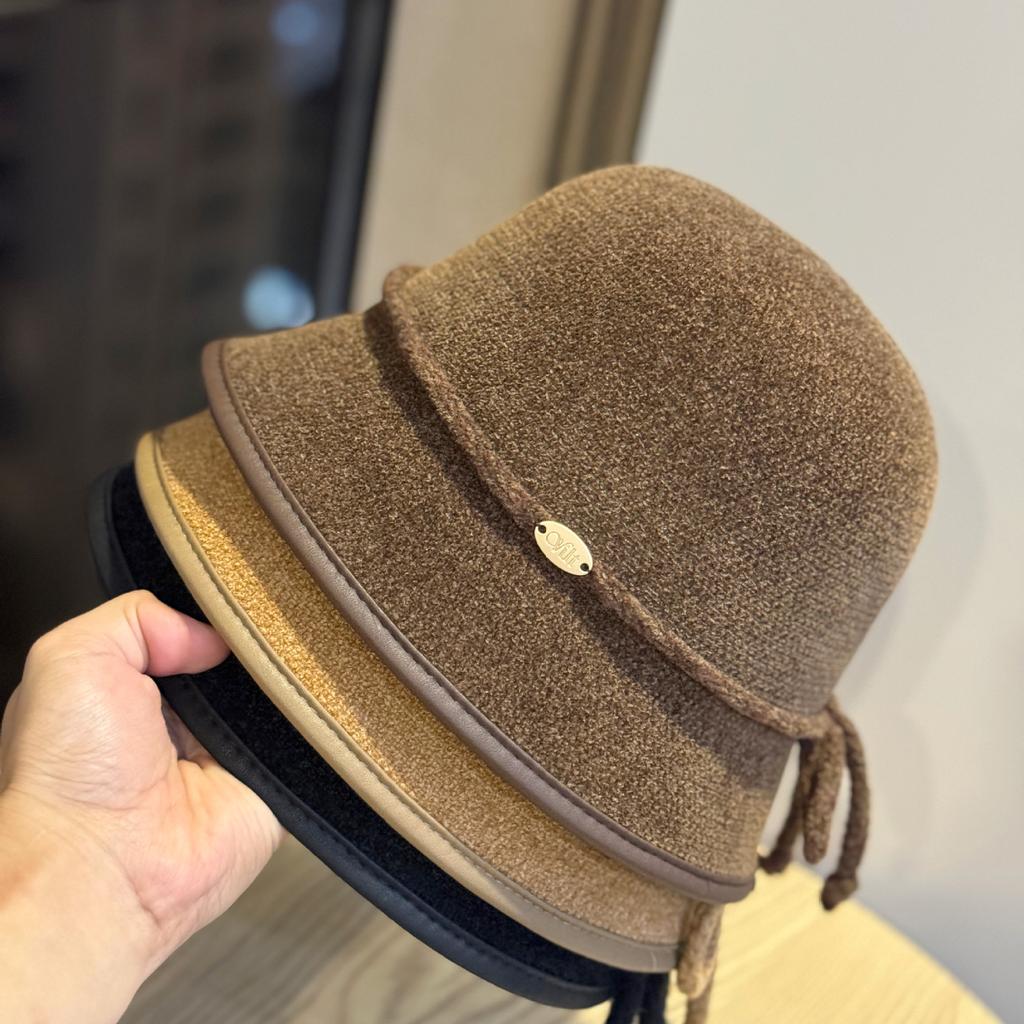 New Chenille Fisherman Hat for Women In Autumn and Winter Temperament Warm Basin Hat Simple Solid Color Bow Bucket Hat Trendy