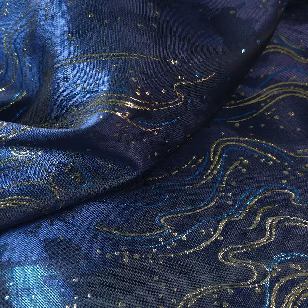 Dark Blue Gold Thread Jacquard Fabric Horse-Face Skirt Dress DIY Sewing Designer Cloth Background Decoration Material