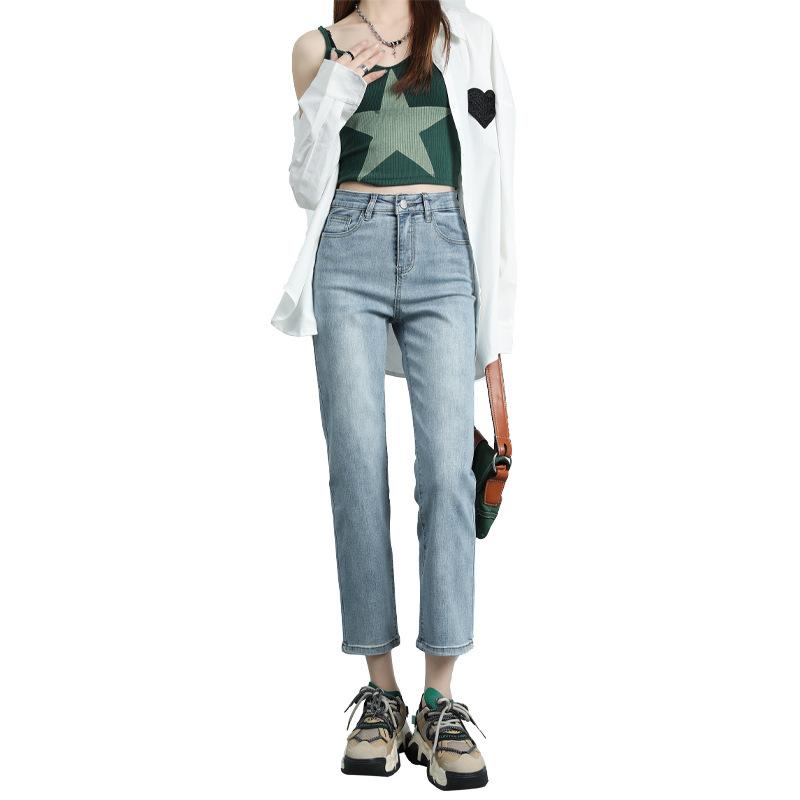 Straight Jeans for Women with High Waist Slim French Stretch Nine-point Pants for Women In Autumn and Winter Loose Light Blue Retro Blue