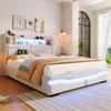 Upholstered Bed 140x200 Hydraulic Storage LED Headboard USB-A&USB-C Charging Function Remote Control Slatted Frame Beige Without Mattress