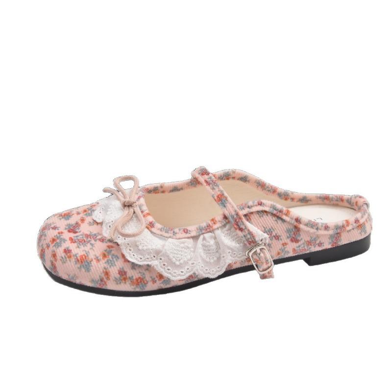 Retro Spitzen Mary Jane Schuhe Damen Frühling und Sommer neu Temperament flacher Ausschnitt halber Slipper mit Rock Tide