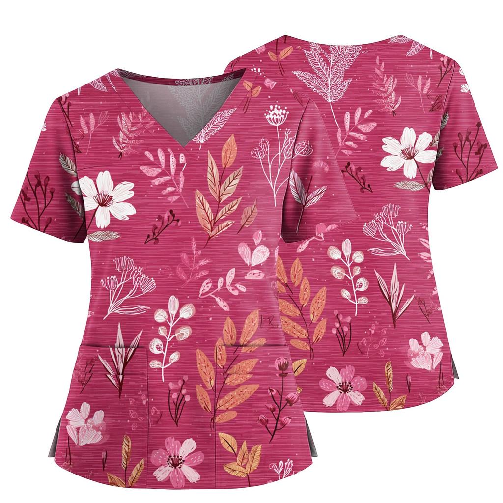 Top casual de damă cu imprimeu, gât în V, buzunar, crăpătură laterală, mâneci scurte, top cu mâneci scurte