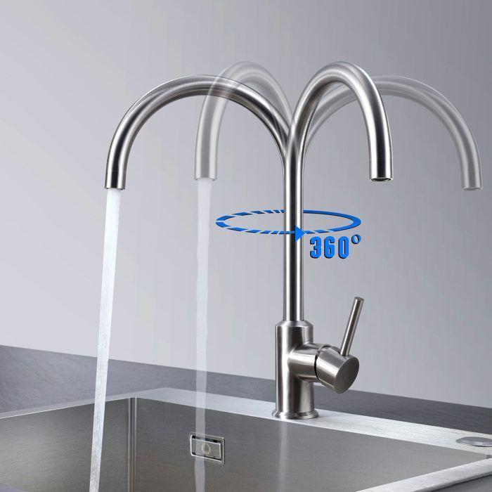 Évier de Cuisine - Brossé - 70x45cm - 1.5 Bacs - Robinet Rotatif 360° - Inox Durable