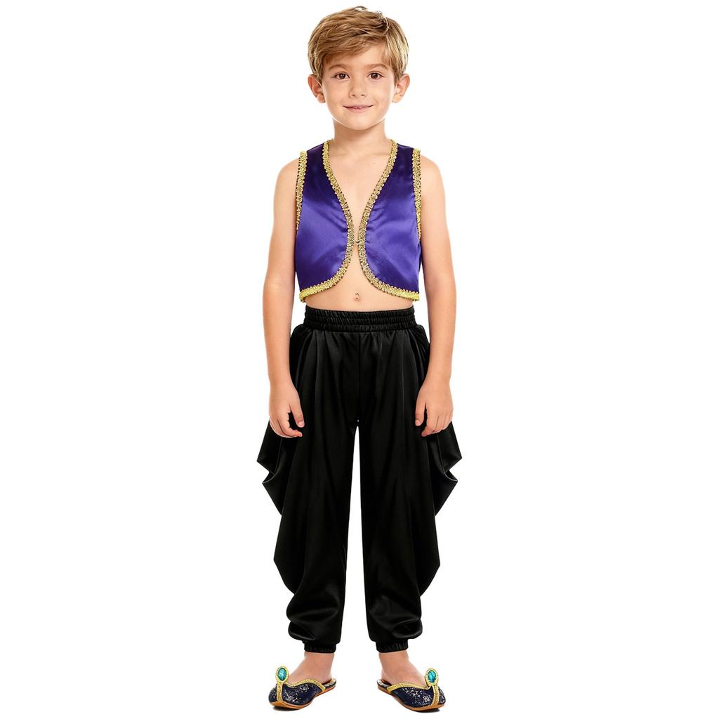 Kinder 2-teilige arabische traditionelle Kleidung Offene Weste mit goldenem Besatz und lockere Hose mit elastischem Bund für Karneval Kostüm