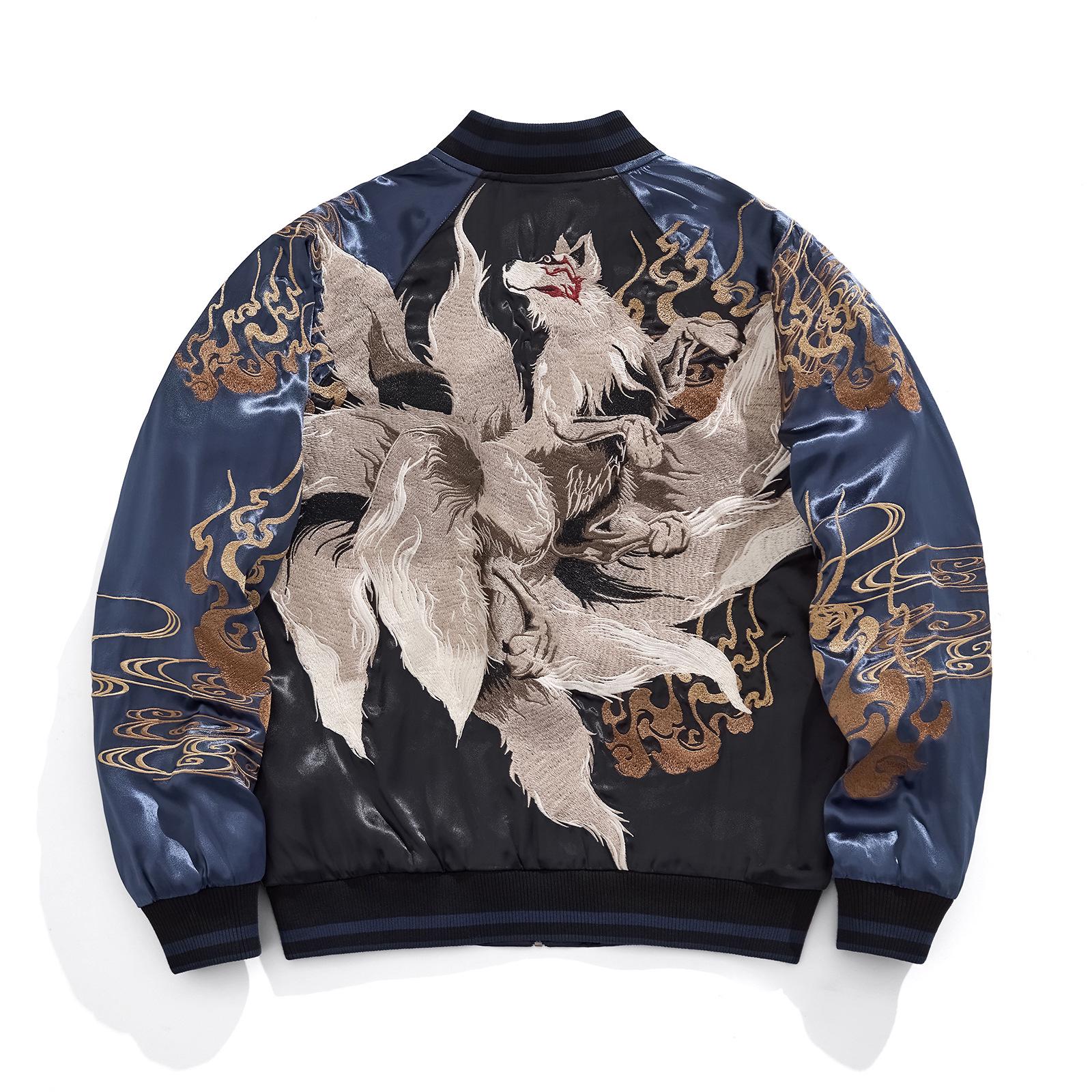 

Бейсбольная куртка Huaxia Junpin с вышивкой Девятихвостой лисы - Верхняя одежда в китайском стиле с тяжелой вышивкой S154 L