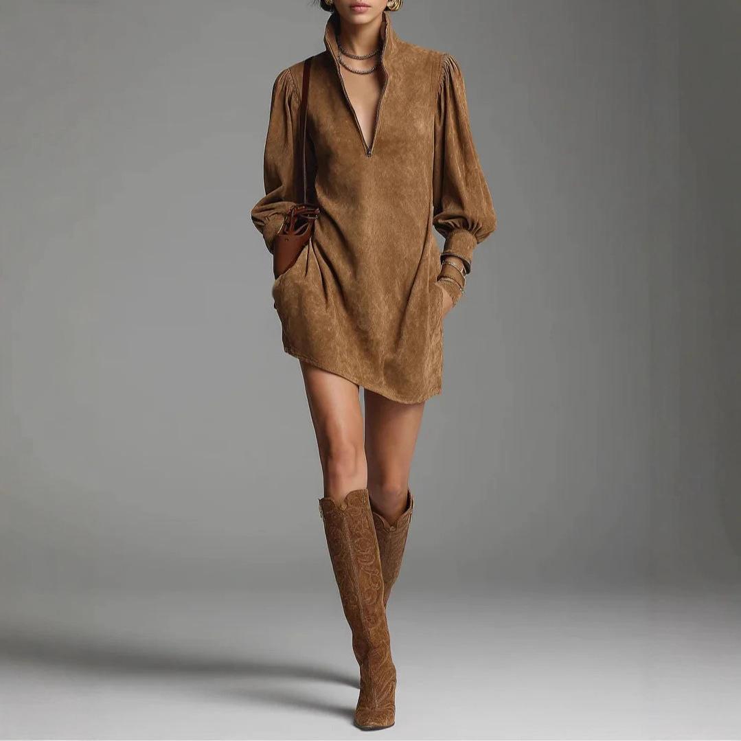 European & American Elegant Retro Solid Long Sleeve Zipper Stand Collar Dress 2025 L верблюд