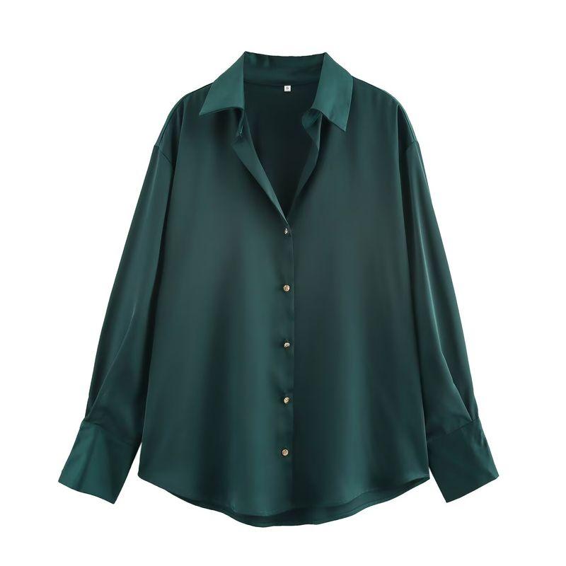 

ZA New arrival women s ZR Fashion wind Export Loose Long sleeves silk satin texture drape shirt 2197226 505 Dark green M