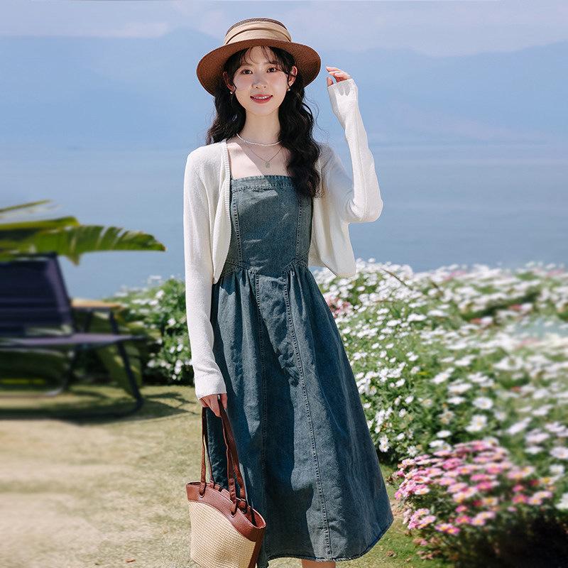 Women's 2024 Summer French Retro Denim Knot Cardigan & Camisole Dress Set