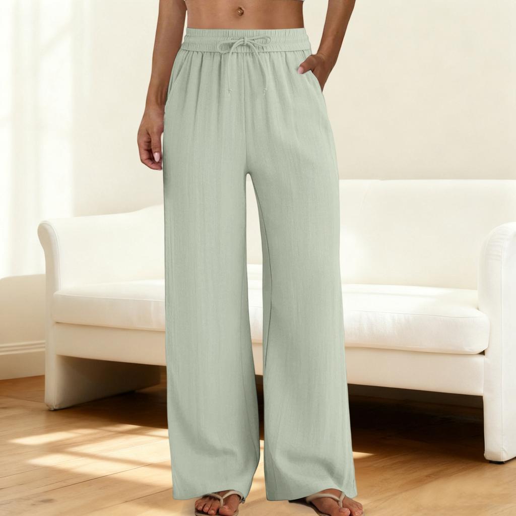 Wide Leg Pants for Women Flowy  Drawstring Elastic Waist Trousers with Pockets Summer Beach Vacation Clothes